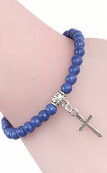 Браслет из каменных бусин с Крестом (металл) на резинке, цвет темно-синий