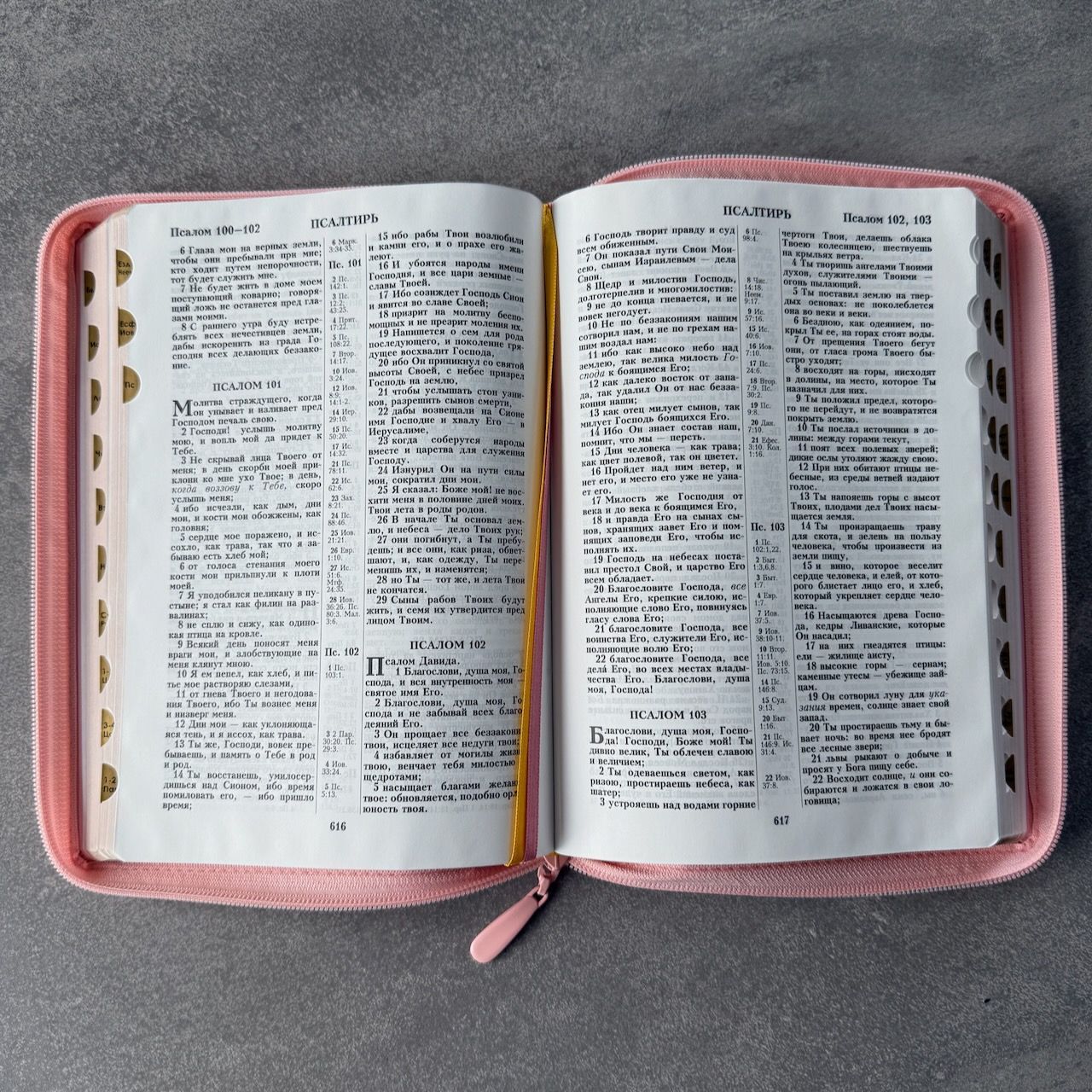 Дисконт на задней стороне белая точка справа по центру. Библия 076zti код 25076-40, дизайн "розово-золотое сердце", переплет из эко кожи на молнии с индексами,  цвет розовый, размер 170x240 мм