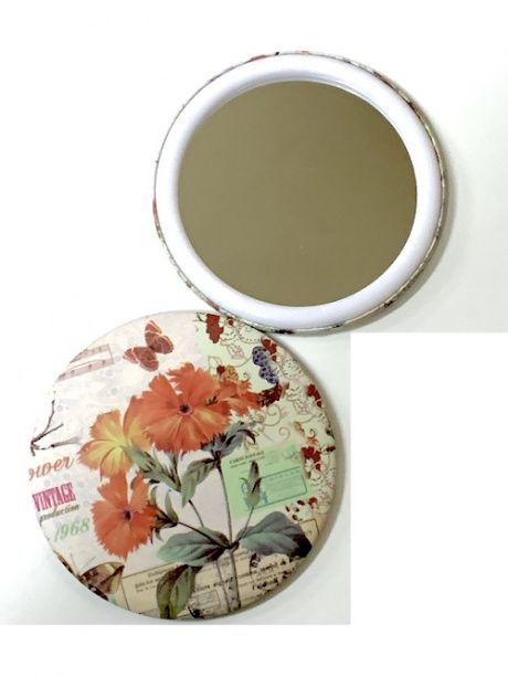 Зеркальце карманное круглое  "Цветы- фон бежевый, Маки", с одной стороны рисунок с другой стороны зеркало,  диаметр 75 мм №02
