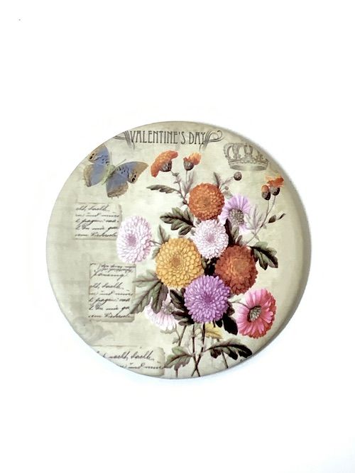 Зеркальце карманное круглое  "Цветы- фон бежевый, букет полевых цветов", с одной стороны рисунок с другой стороны зеркало,  диаметр 75 мм №04