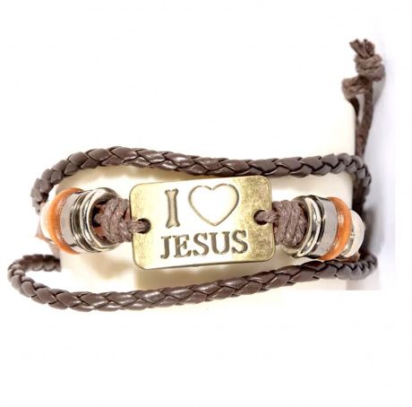 Браслет тройной кожаный цвет кофе + кожаный коричневый шнур плетенка +  металлические украшения + металлическая пластина "I LOVE JESUS"