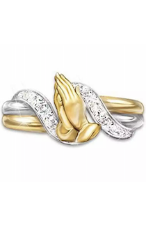 Кольцо двуцветное золото-серебро, материал сталь, 18 размер (американский 8), Руки молящегося со стразами