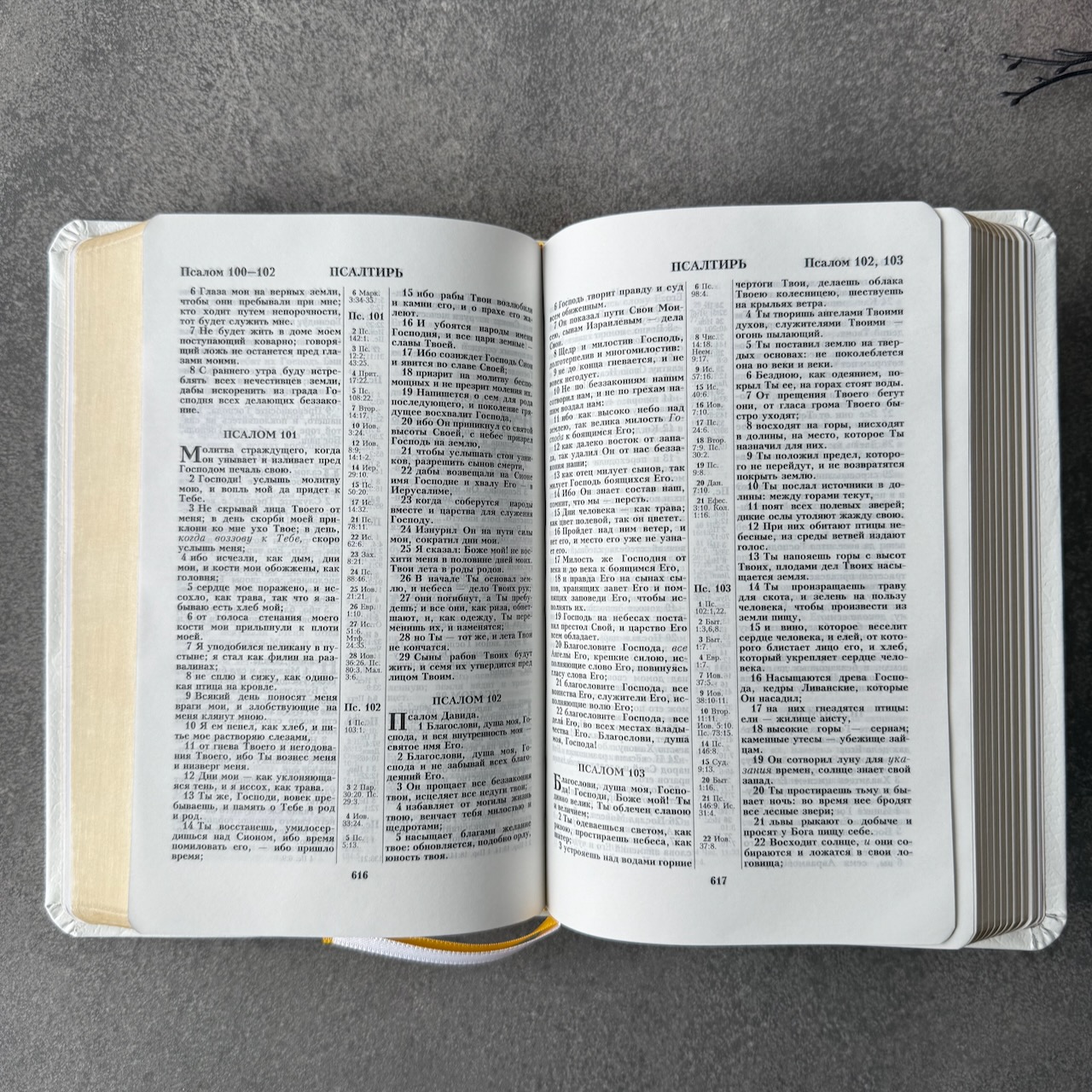 Дисконт. Белое пятнышко на лицевой обложке справа по центру. Библия 048 код 25048-21 дизайн "Библия с вензелем", кожаный переплет, цвет белый пятнистый, формат 125*195 мм