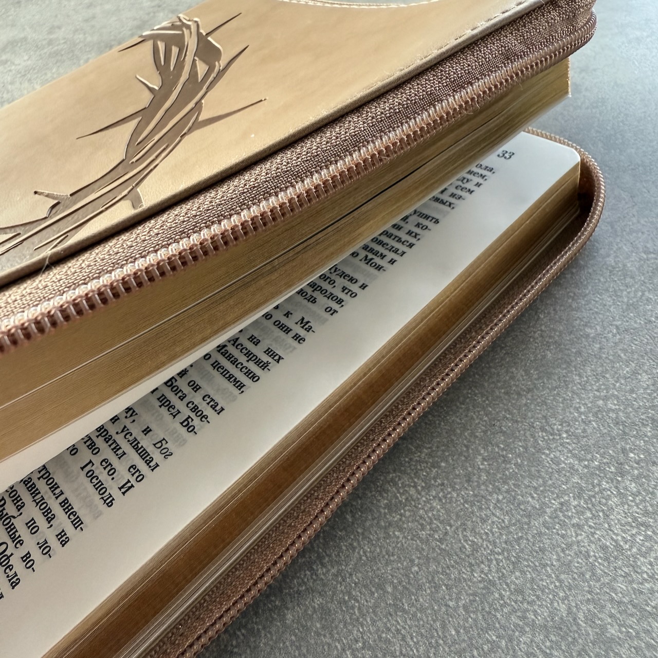 Библия 076z код 25076-44, термо штамп "Терновый венец", переплет из эко кожи на молнии,  цвет серо-бежевый, размер 170x240 мм