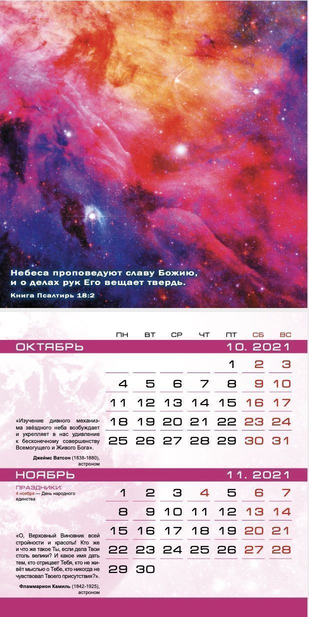 Календарь перекидной на скобе "Космос" на 29*29 см на 2021 год (планер) на 12 листах