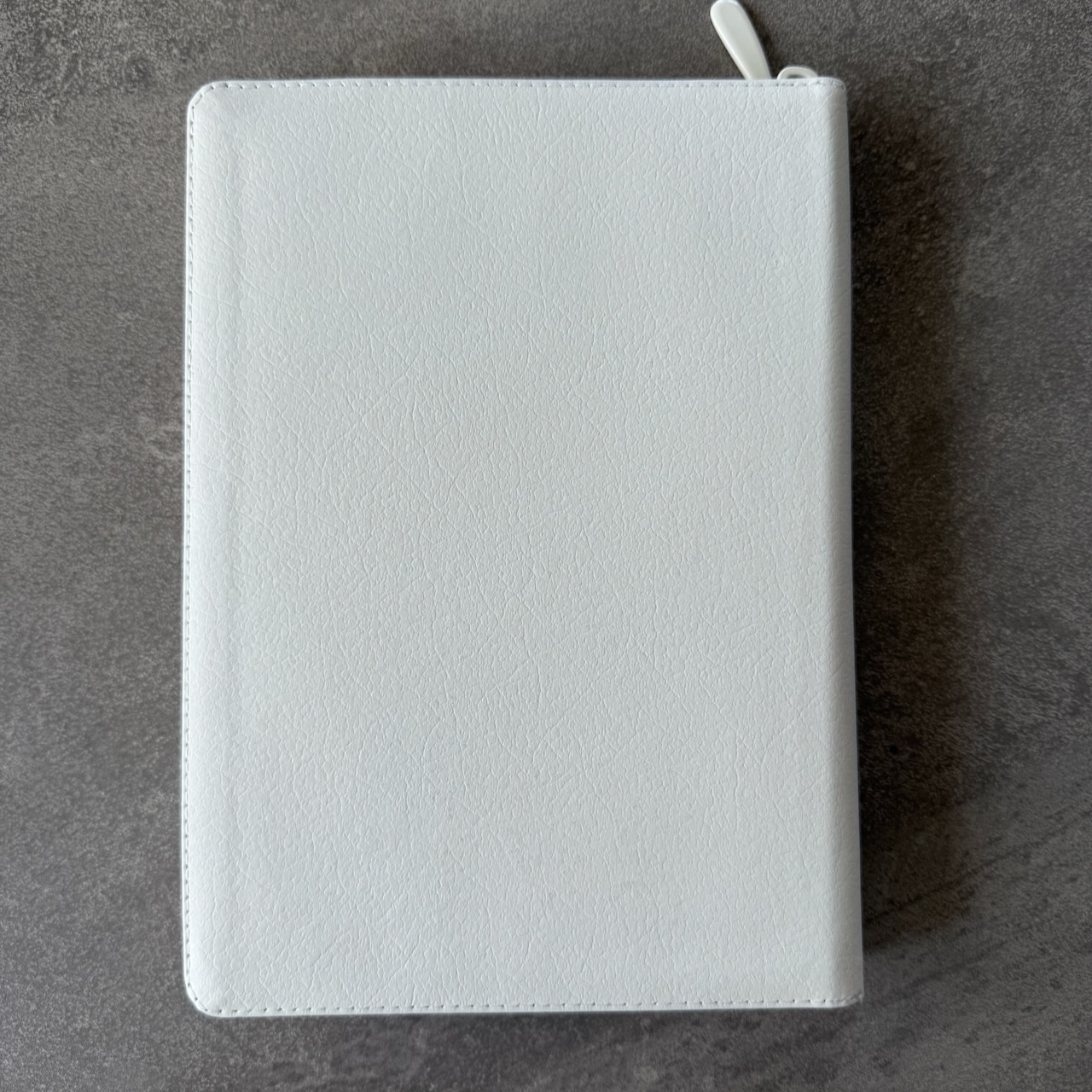 Дисконт. Маленькая серая точка на лицевой обложке, слева от центра. Библия 076zti код 25076-16, дизайн "слово Библия", кожаный переплет на молнии с индексами, цвет белый пятнистый, размер 170x243 мм