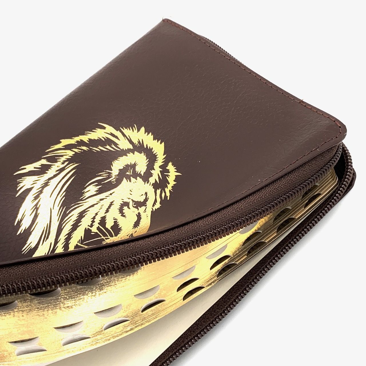 Библия 053zti код A4 дизайн "золотой лев", кожаный переплет на молнии с индексами, цвет коричневый пятнистый, формат 140*202 мм