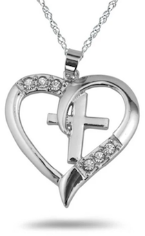 Кулон серебряный "Сердце со стразами внутри крест"  размер 20*27 мм, на цепочке с небольшими звеньями (длина 46 см)