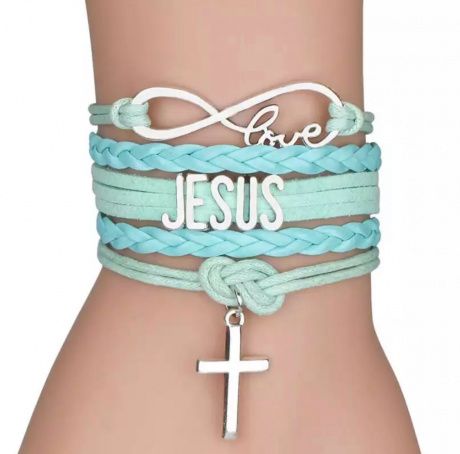 Браслет тройной "Крестик подвеска, JESUS, знак бесконечности, LOVE", кожа, застежка, цвет светло-бирюзовый, на детскую или женскую руку
