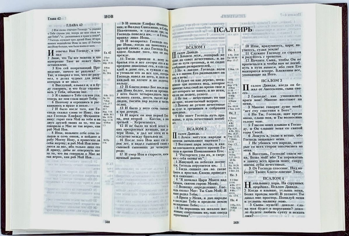 Библия 055  твердый переплет, цвет коричневый, золотой орнамент по периметру, средний формат, 145*205 мм, парал. места по центру страницы, кремовые страницы,  крупный шрифт