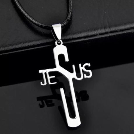 Кулон металлический КРЕСТ-JESUS, размер 25*47 мм (средний), цвет "Серебро" на кожаном шнурочке