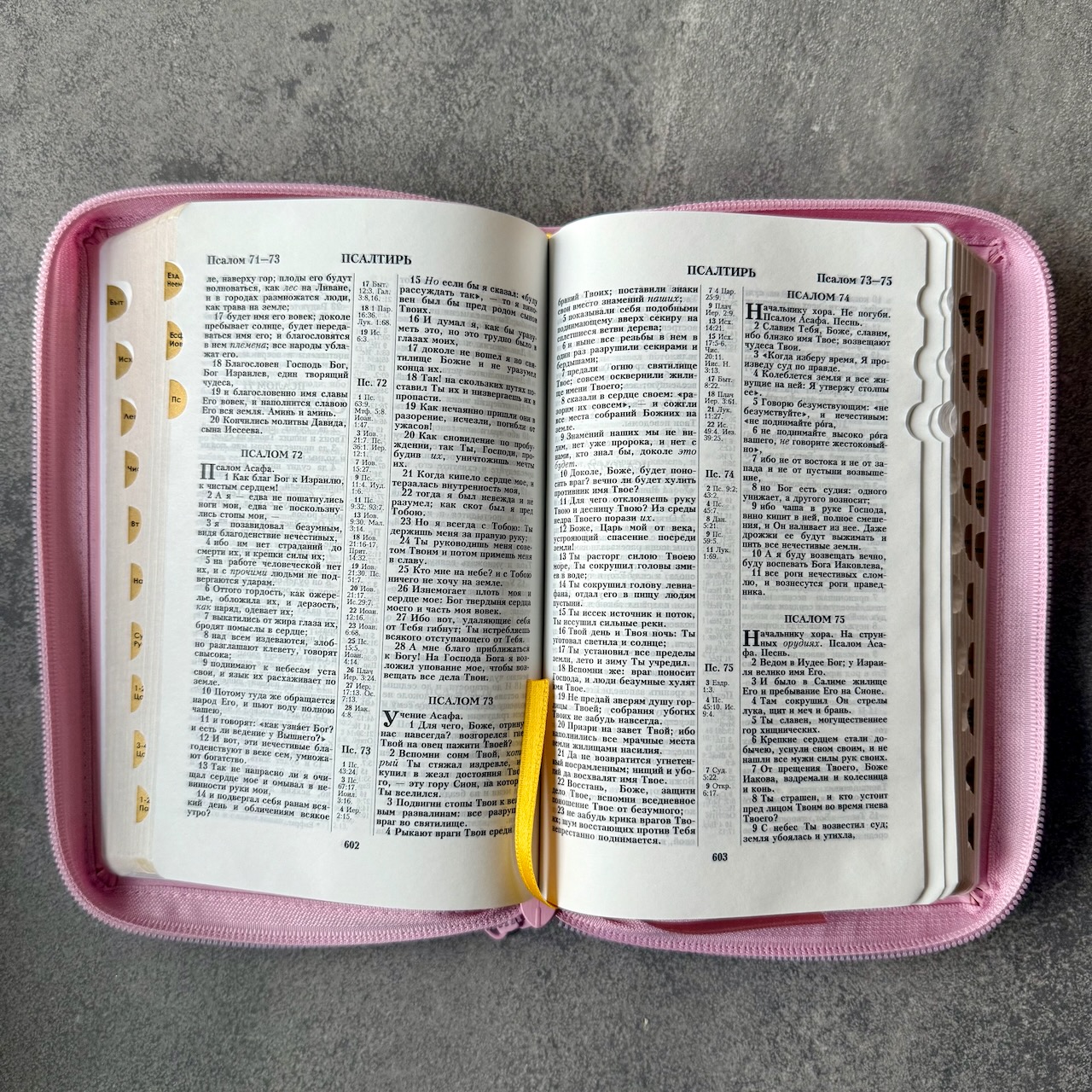 Библия 048 zti код 25048-28  дизайн "золотое сердце", переплет из искусственной кожи на молнии с индексами, цвет розовый , формат 125*195 мм