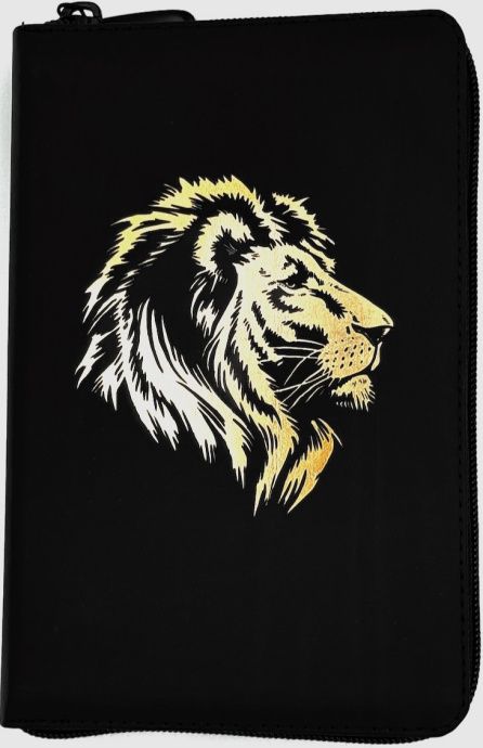 Дисконт. Первая страница больше, чем все остальные. Библия 048 zti код 25048-6 дизайн "золотой лев", кожаный переплет на молнии с индексами, цвет черный с прожилками, формат 125*195 мм