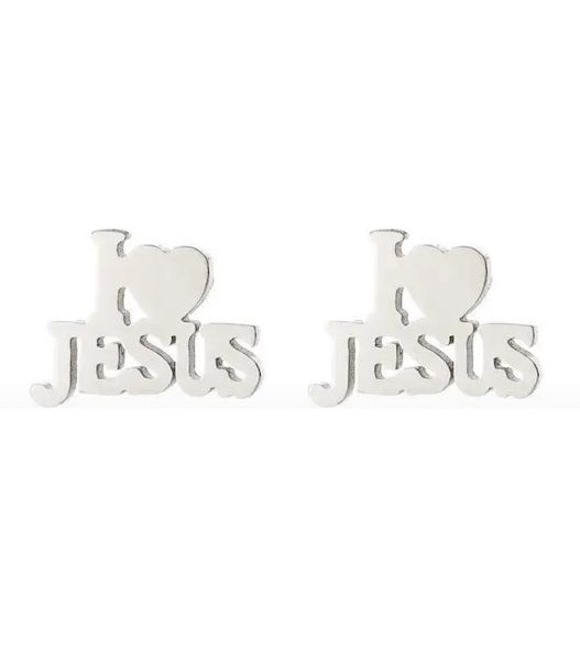 Сережки-гвоздики "I love Jesus" (пара, 2 шт)  размер 10*7 мм, цвет серебро
