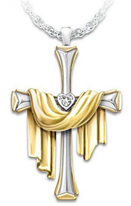 Кулон металлический "Крест с  золотой плащаницей и стразом посередине", цвет серебро, размер 27*40 мм,  на цепочке (длина 41+5 см)
