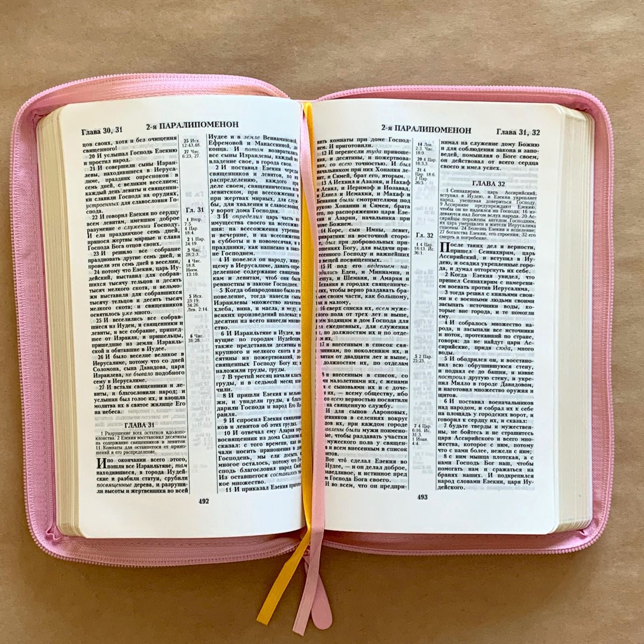 Библия 055z код D4 7074 переплет из искусственной кожи на молнии, цвет розовый с цветной печатью под ткань, дизайн "сердце", средний формат, 143*220 мм, параллельные места по центру страницы, золотой обрез, крупный шрифт