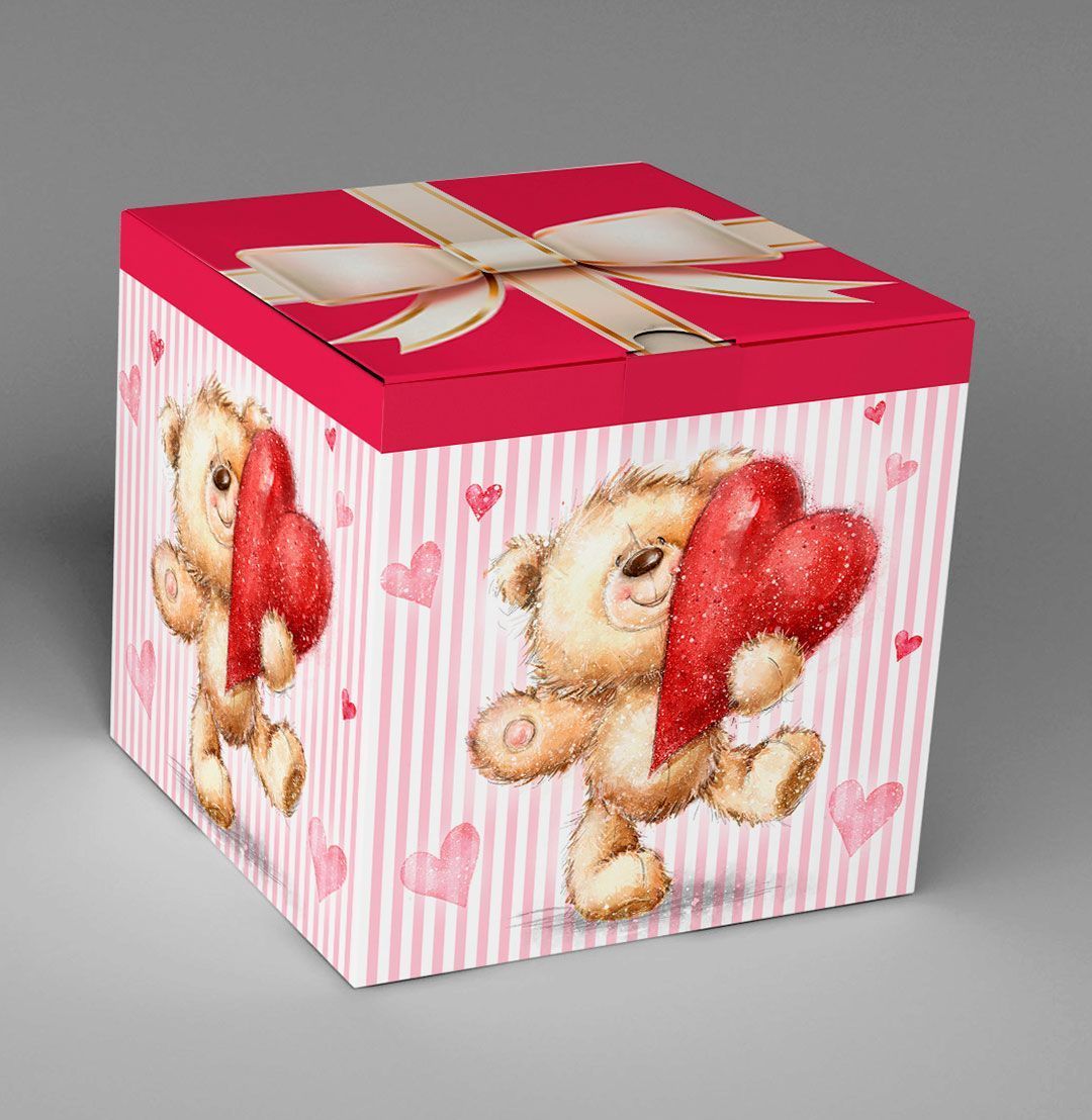 Подарочная цветная коробка для кружки «мишка с сердцем»