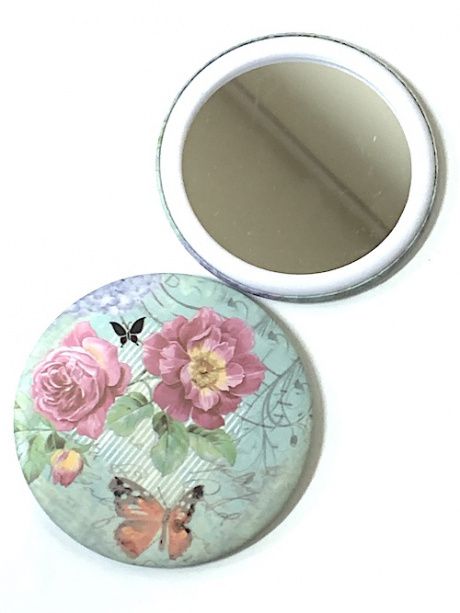 Зеркальце карманное круглое  "Цветы- фон светлая бирюза,  чайная Роза", с одной стороны рисунок с другой стороны зеркало,  диаметр 75 мм №05