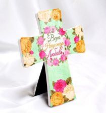 Крест керамический, 120х145 мм, с ножкой-подставкой и с металлической петлей для размещения на столе или на стене, надпись "Вера, надежда, любовь" -розы, яркие цвета
