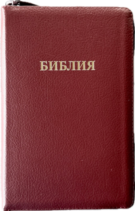 Библия 055z код 25055-21 слово "Библия", кожаный переплет на молнии, цвет бордо пятнистый, средний формат, 143*220 мм