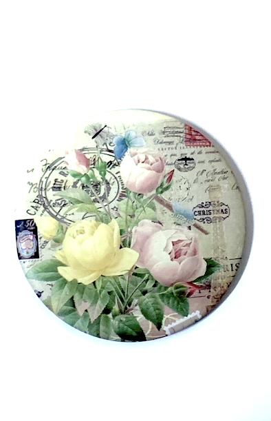 Зеркальце карманное круглое  "Цветы- фон бежевый, желтая Роза", с одной стороны рисунок с другой стороны зеркало,  диаметр 75 мм №03