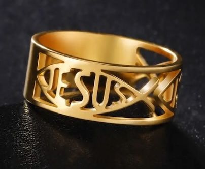 Кольцо Рыбка-Jesus по периметру, материал сталь, 17 размер, цвет "золото"