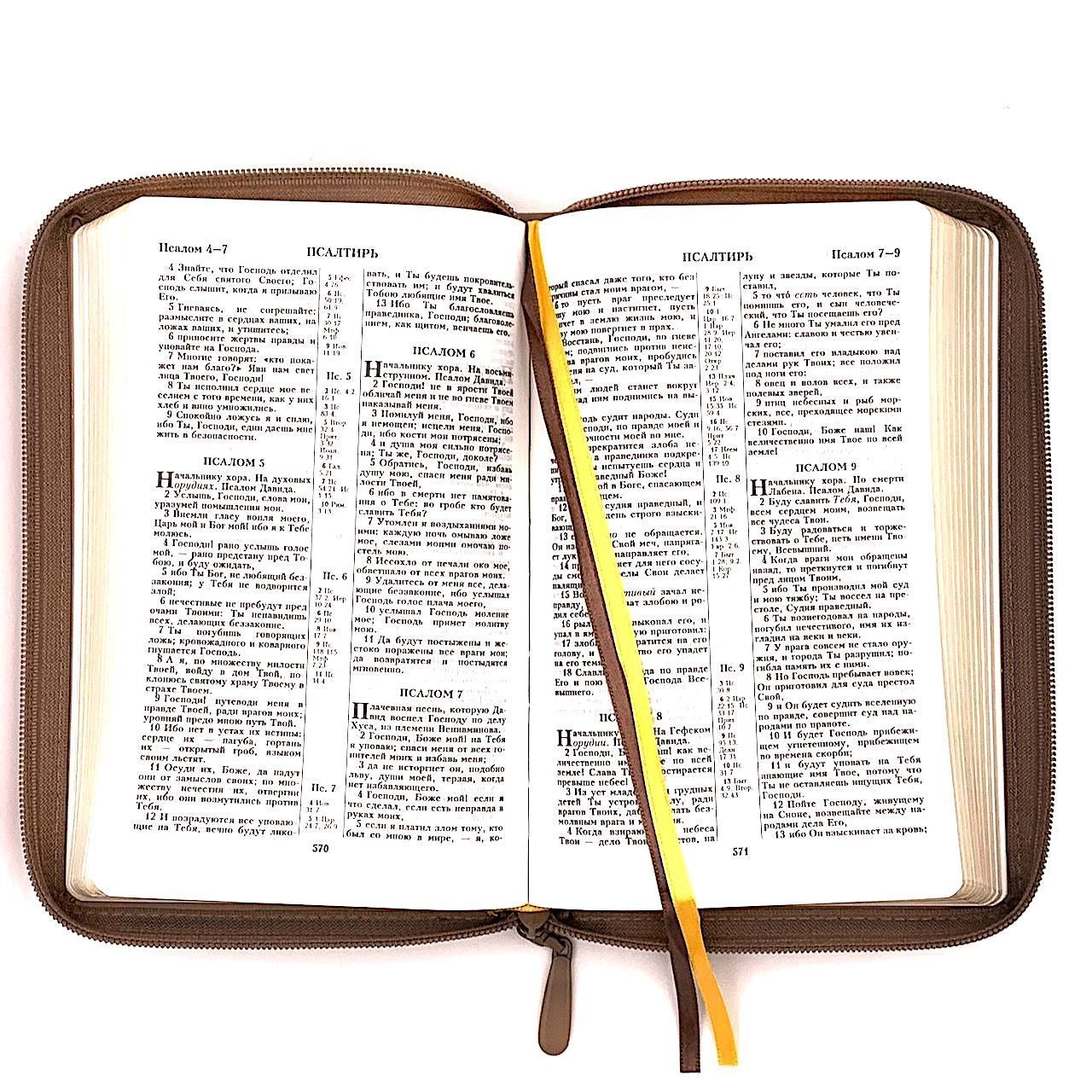 Дисконт №3. Маленькая серая точка на лицевой обложке, слева по центру. Библия 055z код 25055-44 термо штамп "терновый венец", переплет из эко кожи на молнии, цвет серо-бежевый, средний формат, 143*220 мм