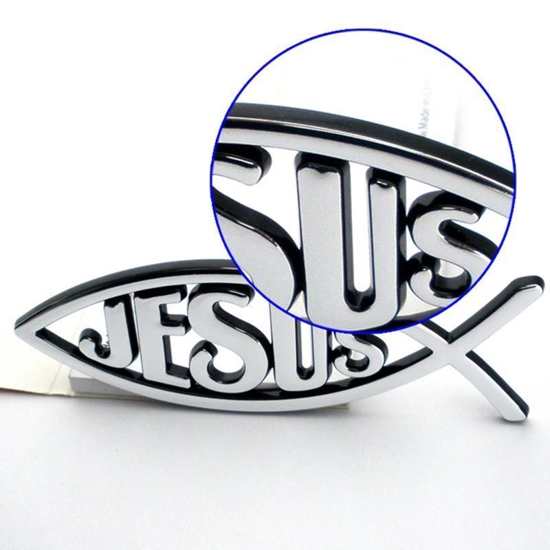 Наклейка на машину пластик Рыбка с надписью JESUS  большая  серебро,13*4 см