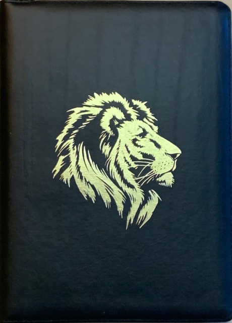 Библия 076zti код C6,  дизайн золотой лев, кожаный переплет на молнии с индексами, цвет черный с прожилками, размер 180x243 мм