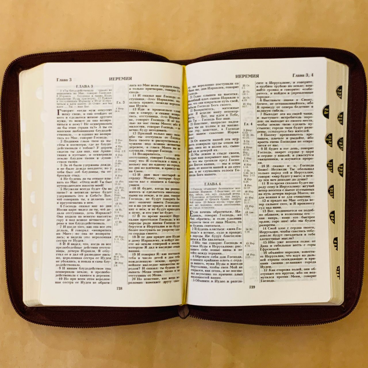 БИБЛИЯ 055zti кожаный переплет на молнии с индексами, цвет бордо , средний формат, 135*210 мм, параллельные места по центру страницы, золотой обрез, крупный шрифт