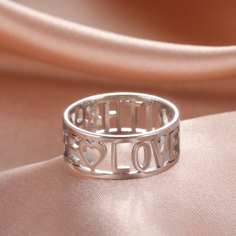 Кольцо, материал сталь, 19 размер (американский 9), надпись "Faith Hope Love",  цвет "серебро", металлик