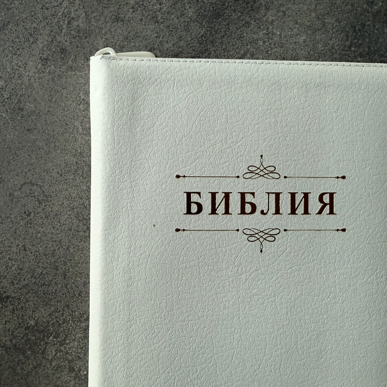 Дисконт. Маленькая серая точка на лицевой обложке, слева от центра. Библия 076zti код 25076-16, дизайн "слово Библия", кожаный переплет на молнии с индексами, цвет белый пятнистый, размер 170x243 мм