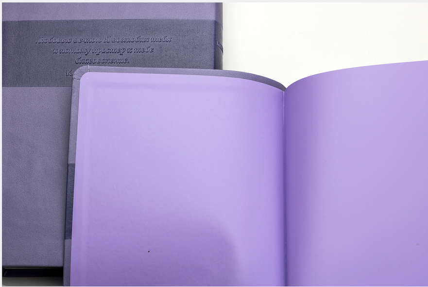 Библия 055 переплет из термовинила , цвет светло-фиолетовый надпись "Библия" термо вставка фиолетового цвета, средний формат, 140*215 мм, парал. места по центру страницы, белые страницы, серебряный обрез, крупный шрифт