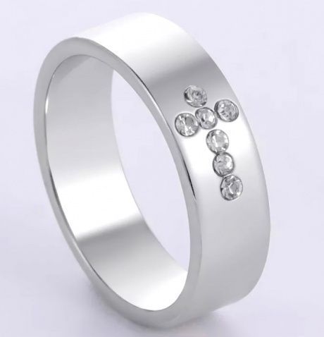 Кольцо с Крестом в стразах, материал сталь, 18 размер, цвет "серебро"
