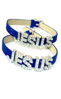 Браслет сверкающий цвет синий кож зам. со сверкающими  буквами "JESUS" на застежке
