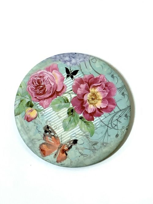 Зеркальце карманное круглое  "Цветы- фон светлая бирюза,  чайная Роза", с одной стороны рисунок с другой стороны зеркало,  диаметр 75 мм №05