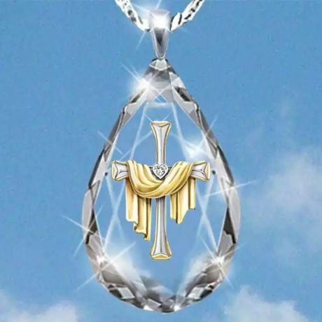 Кулон хрустальная капля "Крест с плащаницей", размер 50*35 мм,  цвет серебро, на металлической цепочке 45 см в подарочном мешочке