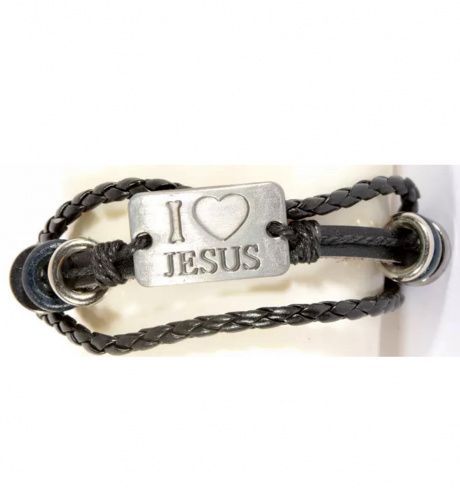 Браслет тройной кожаный цвет черный + кожаный шнур плетенка +  металлические украшения + металлическая пластина "I LOVE JESUS"