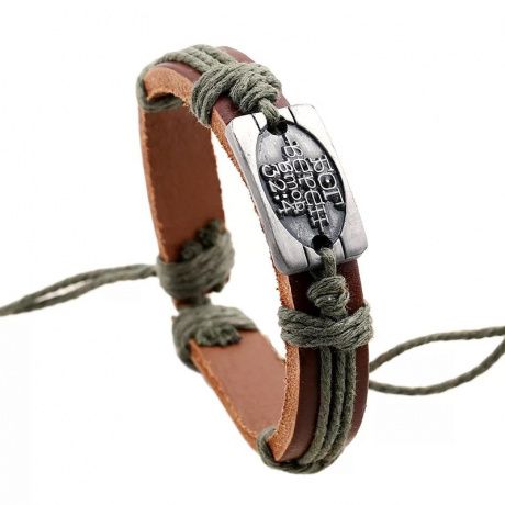 Браслет кожаный с металлической платиной с надписью "Бог верен" Втор 32:4,  завязки цвета хаки