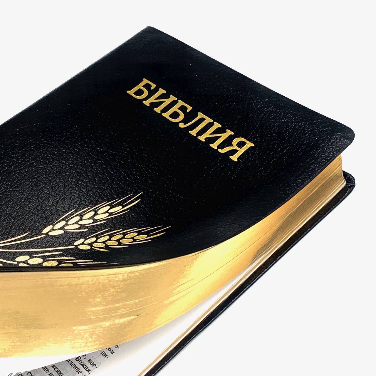 Библия Семейная (076 формат) дизайн "колос", кожаный переплет,  цвет черный, размер 170x240 мм, параллельные места по центру страницы, крупный шрифт 14-16 кегель, золотой обрез, синодальный перевод