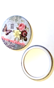 Зеркальце карманное круглое  "букет цветов и бабочка", с одной стороны рисунок с другой стороны зеркало,  диаметр 75 мм №07