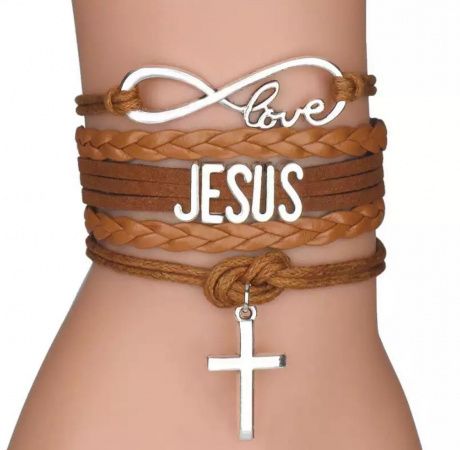 Браслет тройной "Крестик подвеска, JESUS, знак бесконечности, LOVE", кожа, застежка, цвет молочный шоколад, на детскую или женскую руку