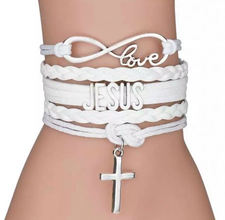 Браслет тройной "Крестик подвеска, JESUS, знак бесконечности, LOVE", кожа, застежка, цвет белый, на детскую или женскую руку