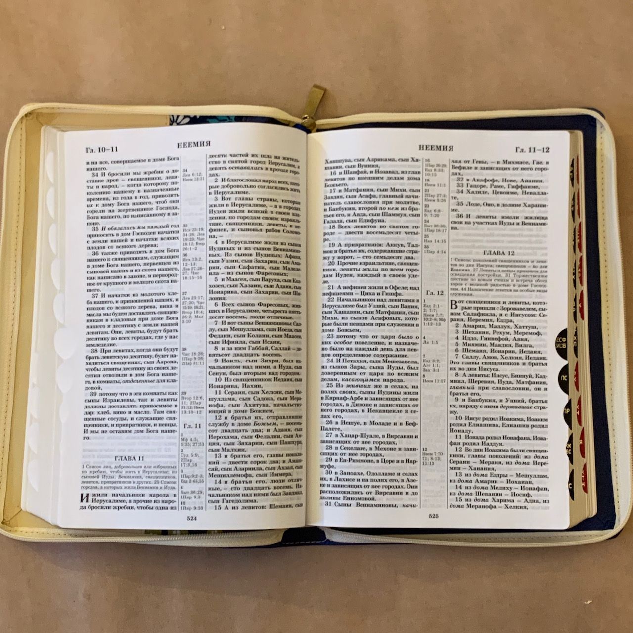 Библия 077DTzti формат, переплет из искусственной кожи на молнии с индексами, надпись золотом "Библия", цвет синий/ бежевый с тканевой вставкой из цветов, большой формат, 180*260 мм, цветные карты, крупный шрифт