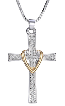 Кулон серебряный "Крест со стразами с золотым сердцем"  размер 21*34 мм, на цепочке с небольшими звеньями (длина 46 см)