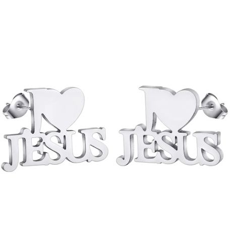 Сережки-гвоздики "I love Jesus" (пара, 2 шт)  размер 10*7 мм, цвет серебро