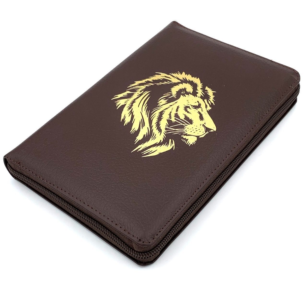 Библия 053zti код A4 дизайн "золотой лев", кожаный переплет на молнии с индексами, цвет коричневый пятнистый, формат 140*202 мм