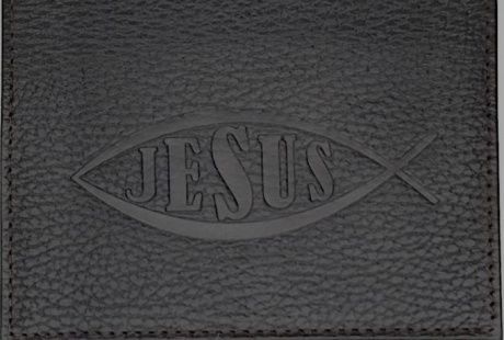 Обложка для паспорта (натуральная цветная кожа) , "Рыбка-Jesus" термопечать, цвет черный
