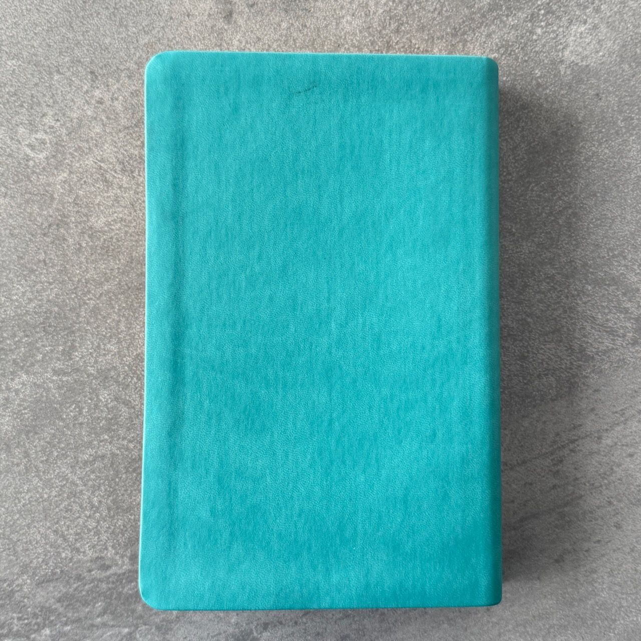 Дисконт №2  на задней сторой обложке, в верху по центру серая черточка. Библия 055 код 25055-60 дизайн "Библия с вензелем", переплет из эко кожи, цвет бирюзовый, средний формат, 143*220 мм