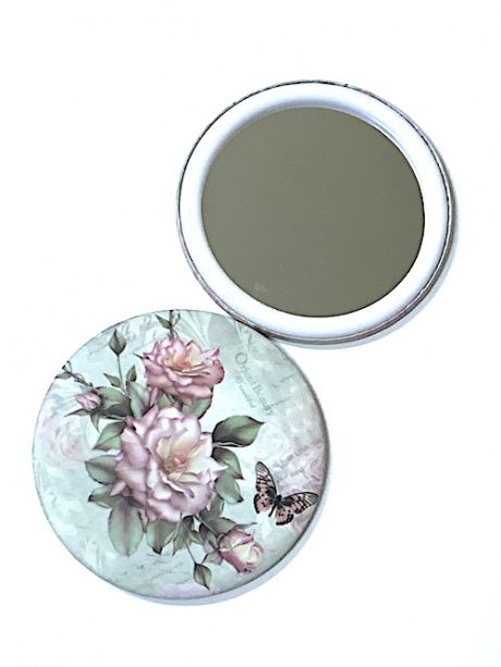 Зеркальце карманное круглое  "Цветы- фон светлая бирюза, Розы", с одной стороны рисунок с другой стороны зеркало,  диаметр 75 мм №01